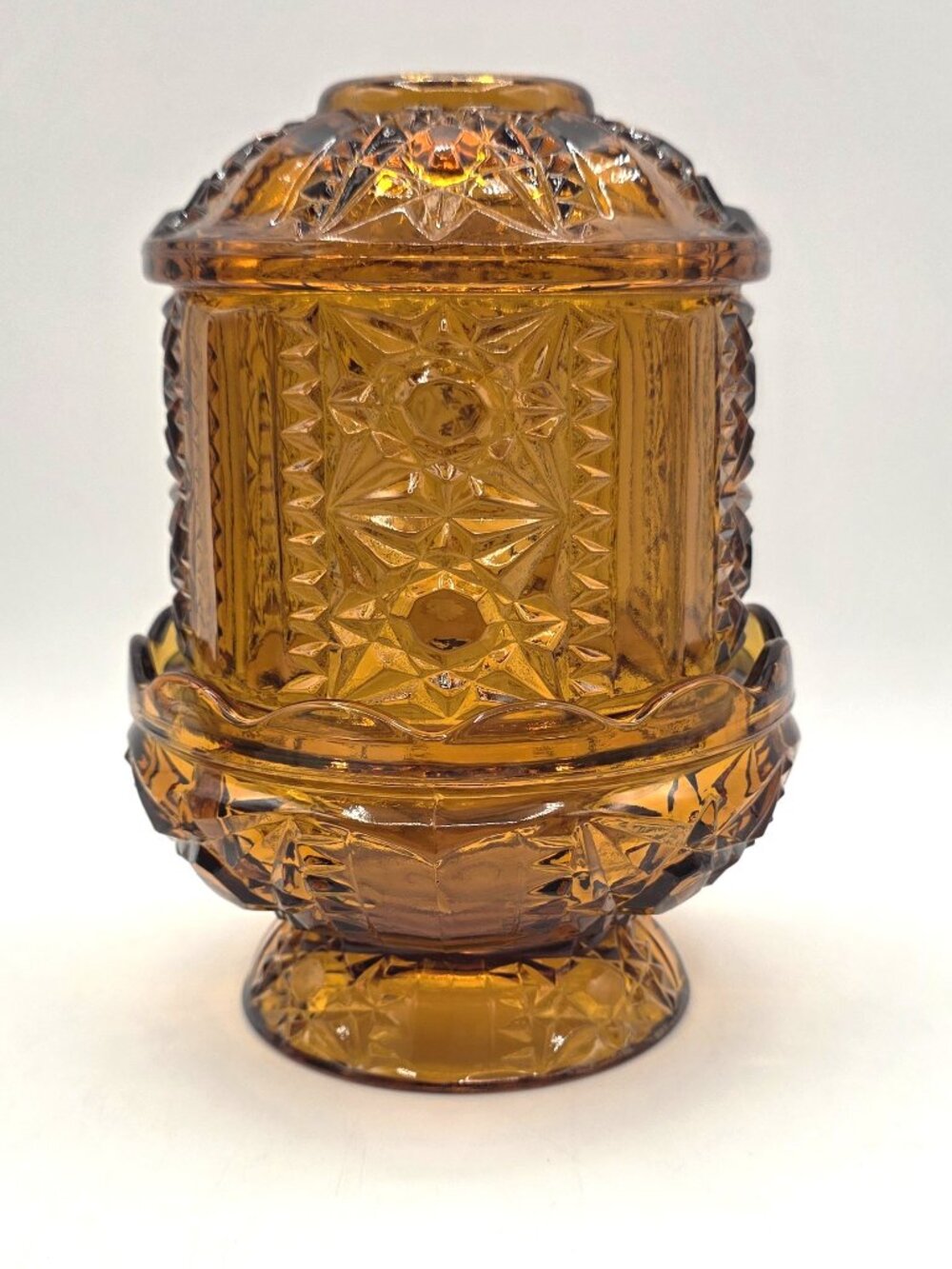 Amber Fairy Lamp Indiana Glass Stars & Bars Vintage 2 Piece Candle Holder 6.5”
